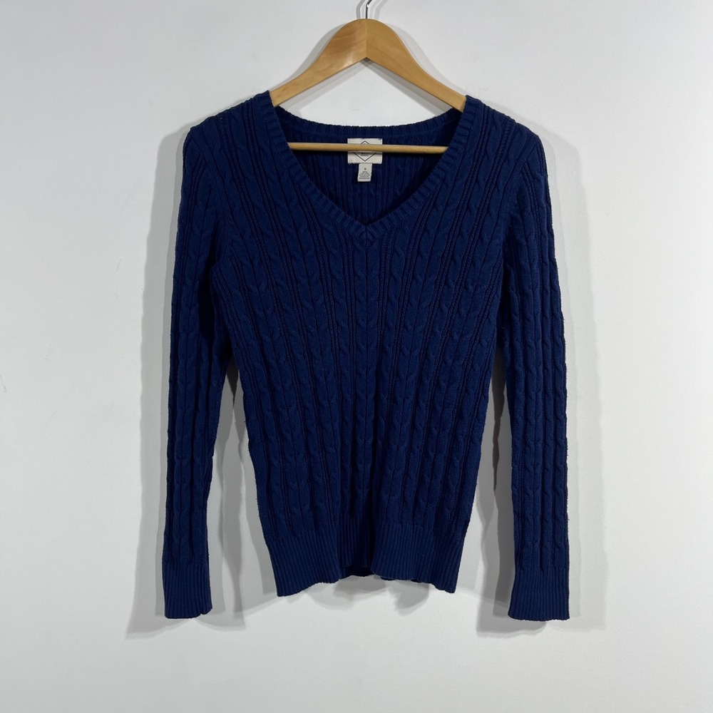 St Johns Bay Preppy Old Money Cable Knit V-Neck Sweater Blue Cotton Womens Small